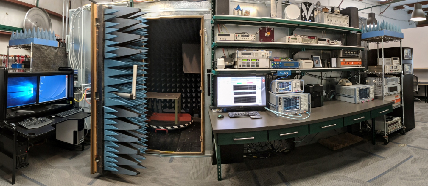 RF Anechoic Chamber And Antennas With VNA Bench And Spectrum Analyzer In Lab